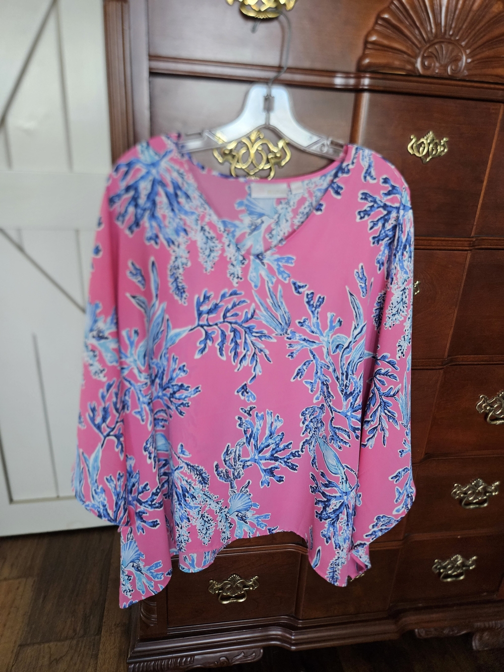 Belle by Kim Gravel Pink Floral V-Neck Tunic with Blue Print